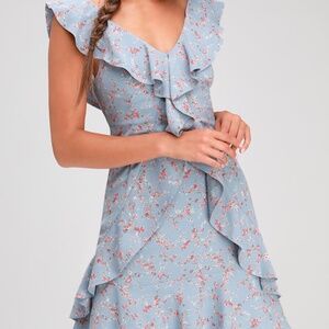 Lulus Radiant Rosa Light Blue Floral Print Ruffled Mini Dress - Size M